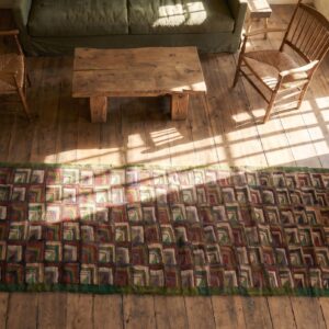 Antique Geometric American Folk Art Log Cabin Pattern Hooked Hall Runner Rug (SKU 21677) - styled overhead view