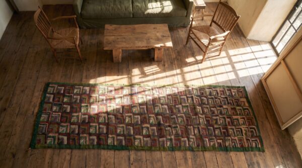 Antique geometric american folk art log cabin pattern hooked hall runner rug 2 Antique geometric american folk art log cabin pattern hooked hall runner rug (sku 21677) - styled overhead view