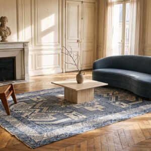 Geometric Animal Motif Antique Small Size Blue and White Indian Cotton Agra Rug (SKU 22085) - room view