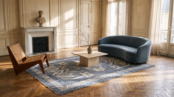 Geometric animal motif antique small size blue and white indian cotton agra rug 6 Geometric animal motif antique small size blue and white indian cotton agra rug (sku 22085) - room view