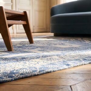Geometric Animal Motif Antique Small Size Blue and White Indian Cotton Agra Rug (SKU 22085) - in-room detail