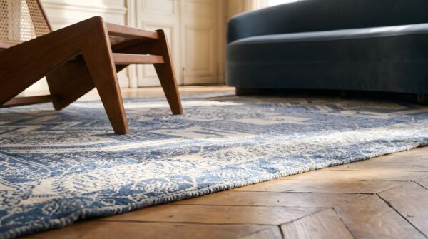 Geometric animal motif antique small size blue and white indian cotton agra rug 7 Geometric animal motif antique small size blue and white indian cotton agra rug (sku 22085) - in-room detail