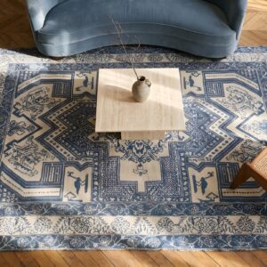 Geometric Animal Motif Antique Small Size Blue and White Indian Cotton Agra Rug (SKU 22085) - styled overhead view