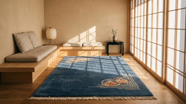 Antique geometric wool hand knotted pile blue 1920s chinese art deco rug 6 Antique geometric wool hand knotted pile blue 1920s chinese art deco rug (sku 22118) - room view