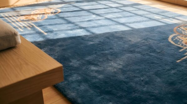 Antique geometric wool hand knotted pile blue 1920s chinese art deco rug 7 Antique geometric wool hand knotted pile blue 1920s chinese art deco rug (sku 22118) - in-room detail