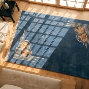 Antique Geometric Wool Hand Knotted Pile Blue 1920s Chinese Art Deco Rug (SKU 22118) - styled overhead view