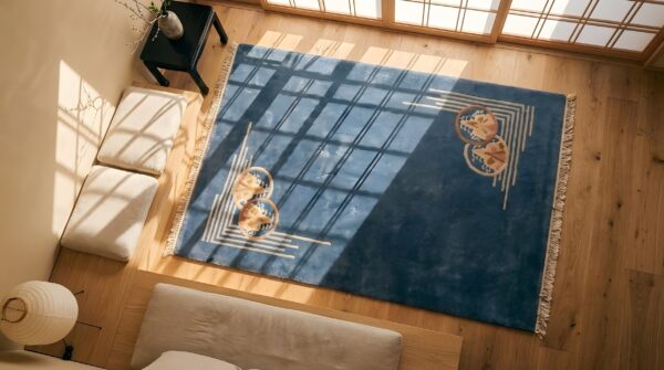 Antique geometric wool hand knotted pile blue 1920s chinese art deco rug 2 Antique geometric wool hand knotted pile blue 1920s chinese art deco rug (sku 22118) - styled overhead view