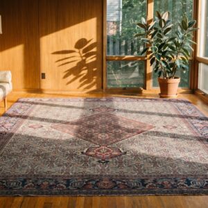 Geometric Center Medallion Room Size Antique Persian Knotted Khorassan Rug (SKU 17822) - room view
