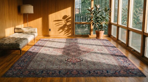 Geometric center medallion room size antique persian knotted khorassan rug 7 Geometric center medallion room size antique persian knotted khorassan rug (sku 17822) - room view