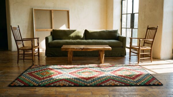 Antique geometric diamon pattern jewel tone color american hooked rug 7 Antique geometric diamon pattern jewel tone color american hooked rug (sku 19981) - room view