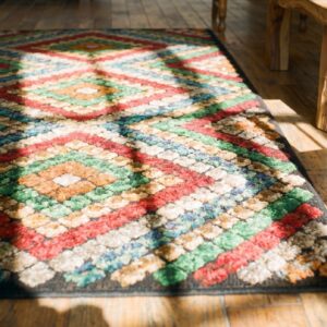 Antique Geometric Diamon Pattern Jewel Tone Color American Hooked Rug (SKU 19981) - in-room detail