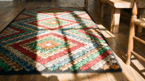 Antique geometric diamon pattern jewel tone color american hooked rug 8 Antique geometric diamon pattern jewel tone color american hooked rug (sku 19981) - in-room detail
