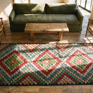 Antique Geometric Diamon Pattern Jewel Tone Color American Hooked Rug (SKU 19981) - styled overhead view