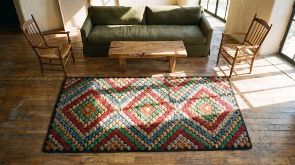 Antique geometric diamon pattern jewel tone color american hooked rug 2 Antique geometric diamon pattern jewel tone color american hooked rug (sku 19981) - styled overhead view