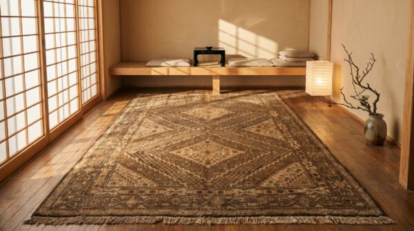 Antique geometric diamond pattern east turkestan earthy color khotan rug 7 Antique geometric diamond pattern east turkestan earthy color khotan rug (sku 20039) - room view