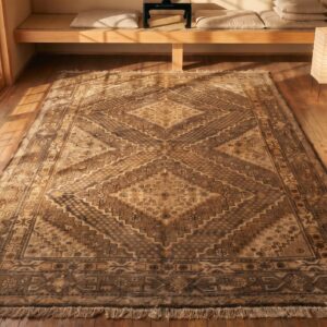 Antique Geometric Diamond Pattern East Turkestan Earthy Color Khotan Rug (SKU 20039) - styled overhead view