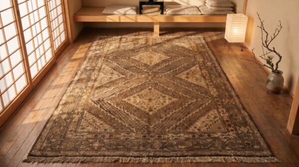 Antique geometric diamond pattern east turkestan earthy color khotan rug 2 Antique geometric diamond pattern east turkestan earthy color khotan rug (sku 20039) - styled overhead view