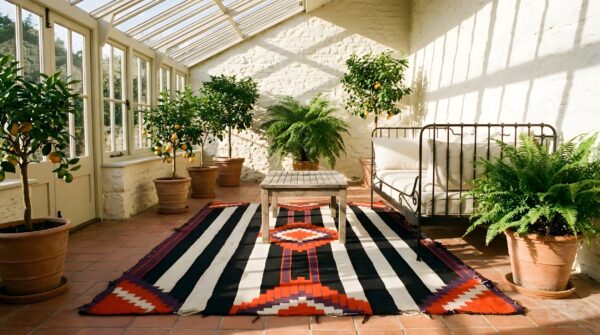 Geometric flatwoven antique native american chiefs blanket rug (sku 25322) - room view