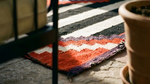 Geometric flatwoven antique native american chiefs blanket rug (sku 25322) - in-room detail