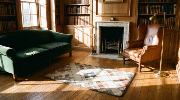 Antique geometric folk art design american hooked rug 7 Antique geometric folk art design american hooked rug (sku 17469) - room view