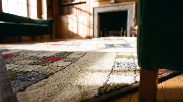 Antique geometric folk art design american hooked rug 8 Antique geometric folk art design american hooked rug (sku 17469) - in-room detail