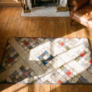 Antique Geometric Folk Art Design American Hooked Rug (SKU 17469) - styled overhead view