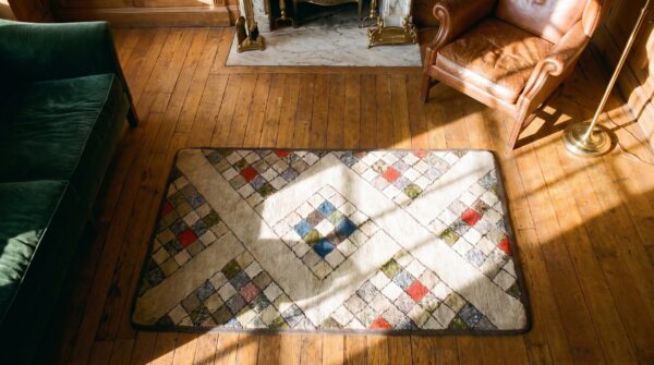 Antique geometric folk art design american hooked rug 2 Antique geometric folk art design american hooked rug (sku 17469) - styled overhead view