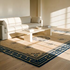 Geometric Greek Key Border Antique Floral Medallion Chinese Room Size Ivory Peking Rug (SKU 23565) - room view
