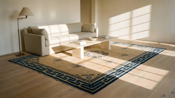 Geometric greek key border antique floral medallion chinese room size ivory peking rug 7 Geometric greek key border antique floral medallion chinese room size ivory peking rug (sku 23565) - room view