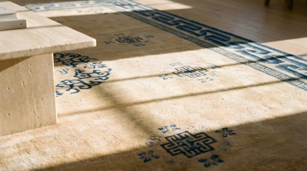 Geometric greek key border antique floral medallion chinese room size ivory peking rug 8 Geometric greek key border antique floral medallion chinese room size ivory peking rug (sku 23565) - in-room detail