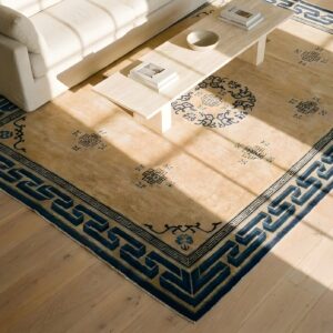 Geometric Greek Key Border Antique Floral Medallion Chinese Room Size Ivory Peking Rug (SKU 23565) - styled overhead view