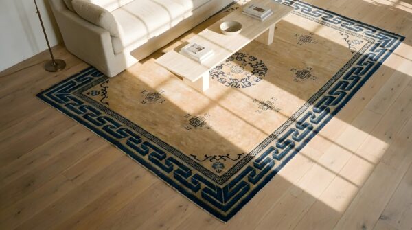 Geometric greek key border antique floral medallion chinese room size ivory peking rug 2 Geometric greek key border antique floral medallion chinese room size ivory peking rug (sku 23565) - styled overhead view