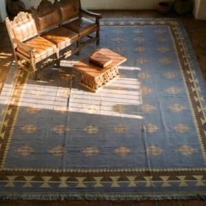 Antique Geometric Indian Flatwoven Large Room Size Cotton Dhurrie Rug (SKU 24157) - styled overhead view