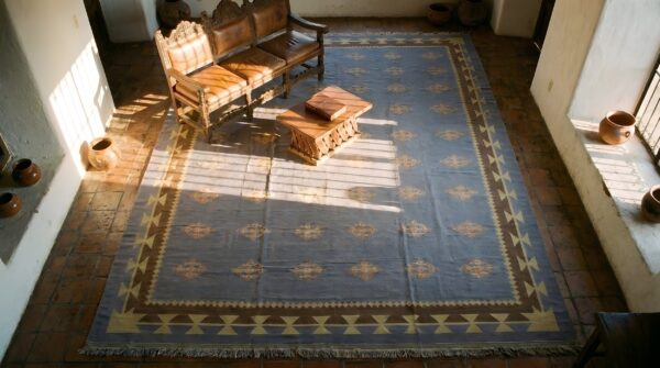 Antique geometric indian flatwoven large room size cotton dhurrie rug 2 Antique geometric indian flatwoven large room size cotton dhurrie rug (sku 24157) - styled overhead view