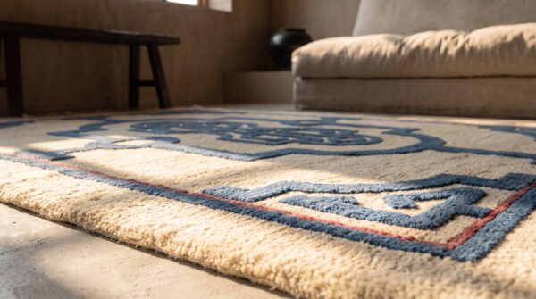 Antique geometric hand knotted pile ivory white 1920's chinese art deco rug (sku 21924) - in-room detail