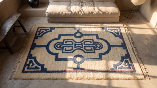 Antique geometric hand knotted pile ivory white 1920's chinese art deco rug (sku 21924) - styled overhead view