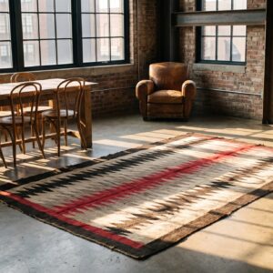Antique Geometric Jagged Stipes Native American Flat Weave Ivory Navajo Tribal Rug (SKU 20896) - room view