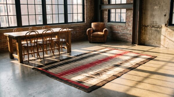 Antique geometric jagged stipes native american flat weave ivory navajo tribal rug (sku 20896) - room view