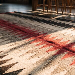 Antique Geometric Jagged Stipes Native American Flat Weave Ivory Navajo Tribal Rug (SKU 20896) - in-room detail