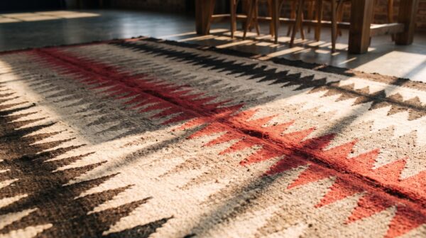 Antique geometric jagged stipes native american flat weave ivory navajo tribal rug (sku 20896) - in-room detail