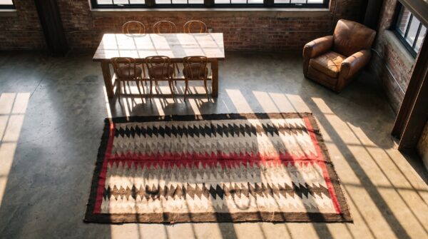 Antique geometric jagged stipes native american flat weave ivory navajo tribal rug (sku 20896) - styled overhead view