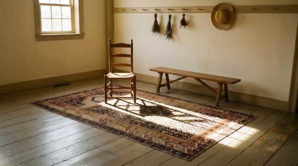 Geometric late 19th century antique caucasian shirvan islamic prayer design rug 7 Geometric late 19th century antique caucasian shirvan islamic prayer design rug (sku 23273) - room view
