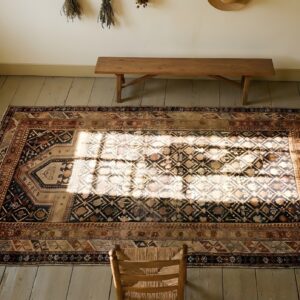 Geometric Late 19th Century Antique Caucasian Shirvan Islamic Prayer Design Rug (SKU 23273) - styled overhead view