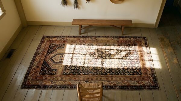 Geometric late 19th century antique caucasian shirvan islamic prayer design rug 2 Geometric late 19th century antique caucasian shirvan islamic prayer design rug (sku 23273) - styled overhead view