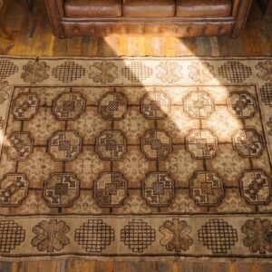 Geometric Antique Long and Narrow Size Khotan East Turkestan Rug (SKU 19442) - styled overhead view