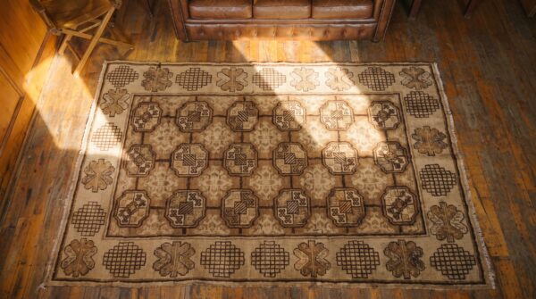 Geometric antique long and narrow size khotan east turkestan rug 2 Geometric antique long and narrow size khotan east turkestan rug (sku 19442) - styled overhead view