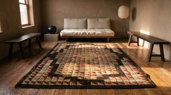 Antique geometric medallion wool & cotton hooked - loop pile multicolor jewel tones 1925 rug 7 Antique geometric medallion wool & cotton hooked - loop pile multicolor jewel tones 1925 rug (sku 20340) - room view