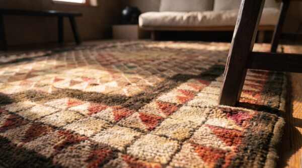 Antique geometric medallion wool & cotton hooked - loop pile multicolor jewel tones 1925 rug 8 Antique geometric medallion wool & cotton hooked - loop pile multicolor jewel tones 1925 rug (sku 20340) - in-room detail