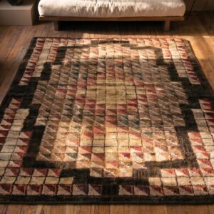 Antique Geometric Medallion Wool & Cotton Hooked - Loop Pile Multicolor Jewel Tones 1925 Rug (SKU 20340) - styled overhead view