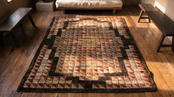 Antique geometric medallion wool & cotton hooked - loop pile multicolor jewel tones 1925 rug 2 Antique geometric medallion wool & cotton hooked - loop pile multicolor jewel tones 1925 rug (sku 20340) - styled overhead view